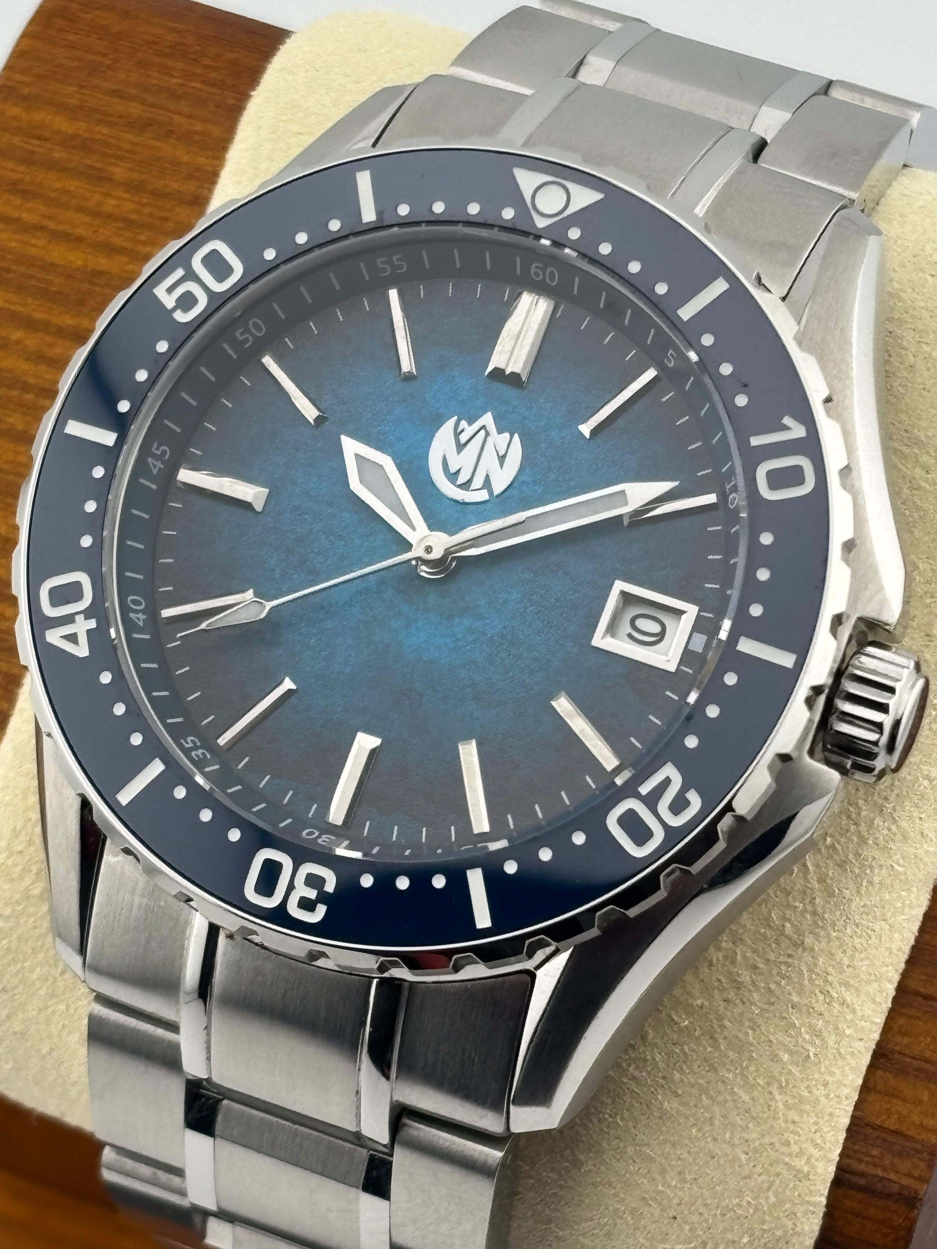 MN Watches luxury mechanical dive watch with ceramic bezel, textured dial, stainless steel case & bracelet