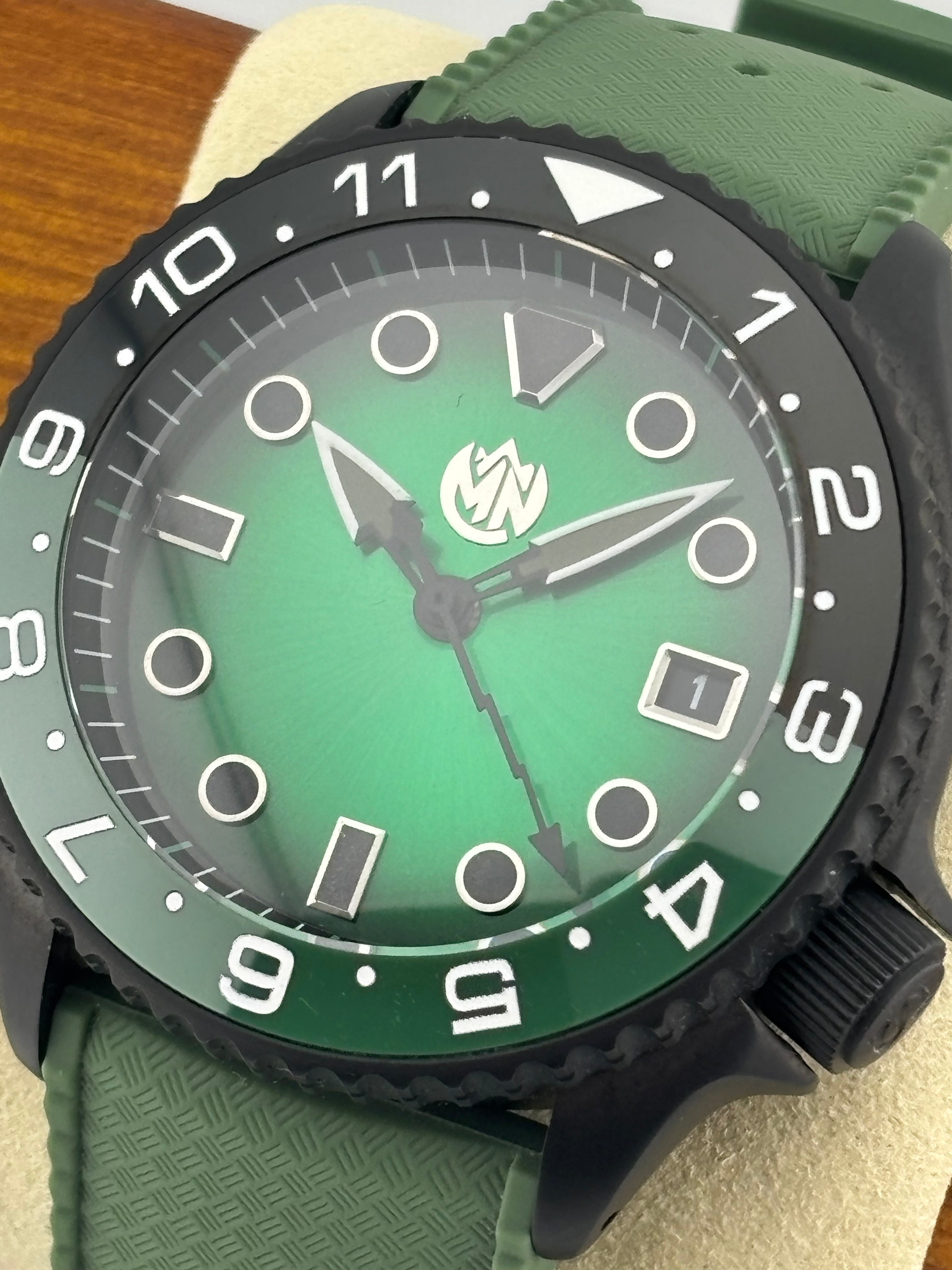 MN Watches luxury mechanical dive watch with ceramic bezel, sunburst dial, stainless steel case & silicone strap