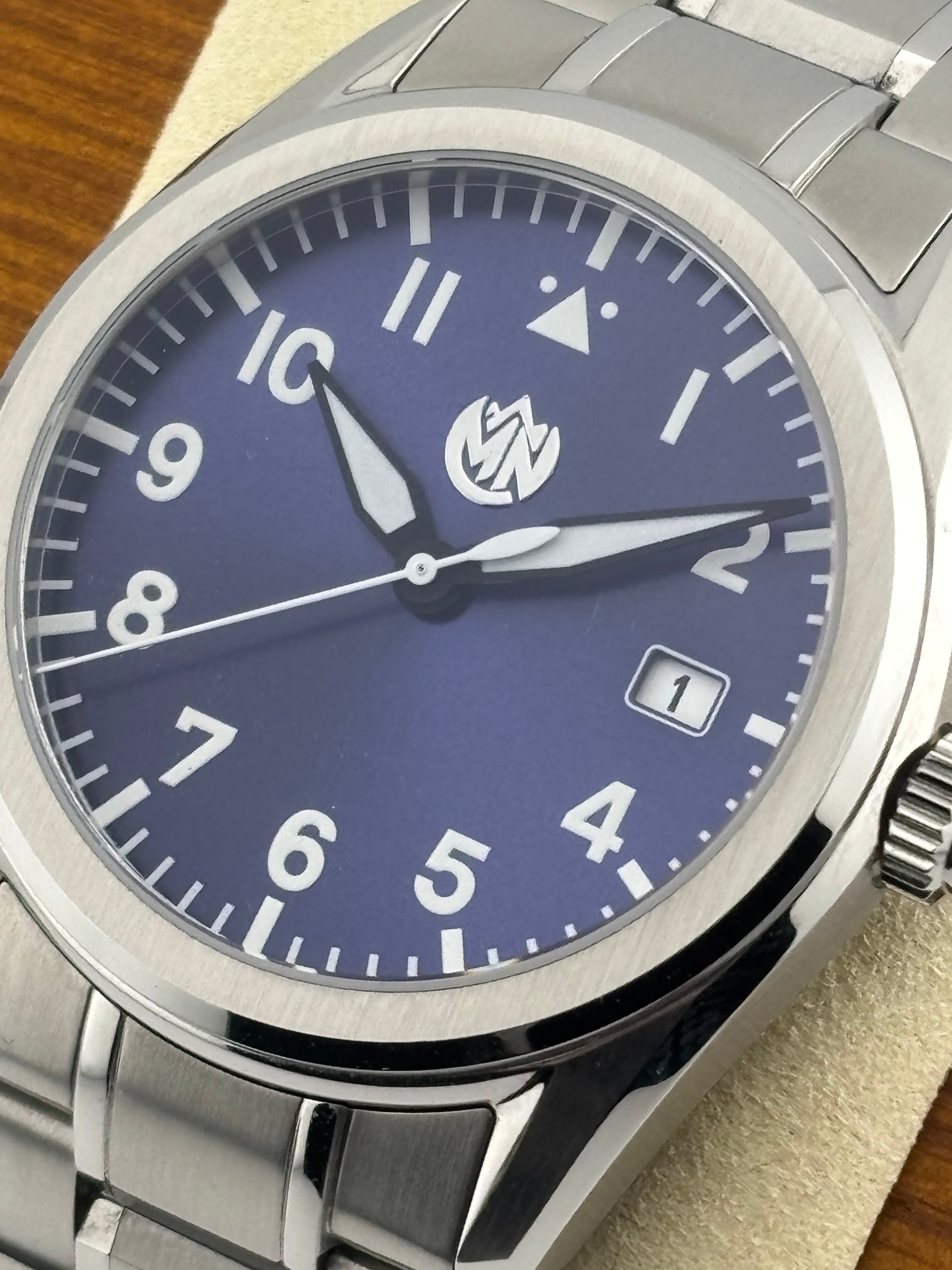 MN Watches luxury mechanical sports watch with sunburst dial, stainless steel case & bracelet
