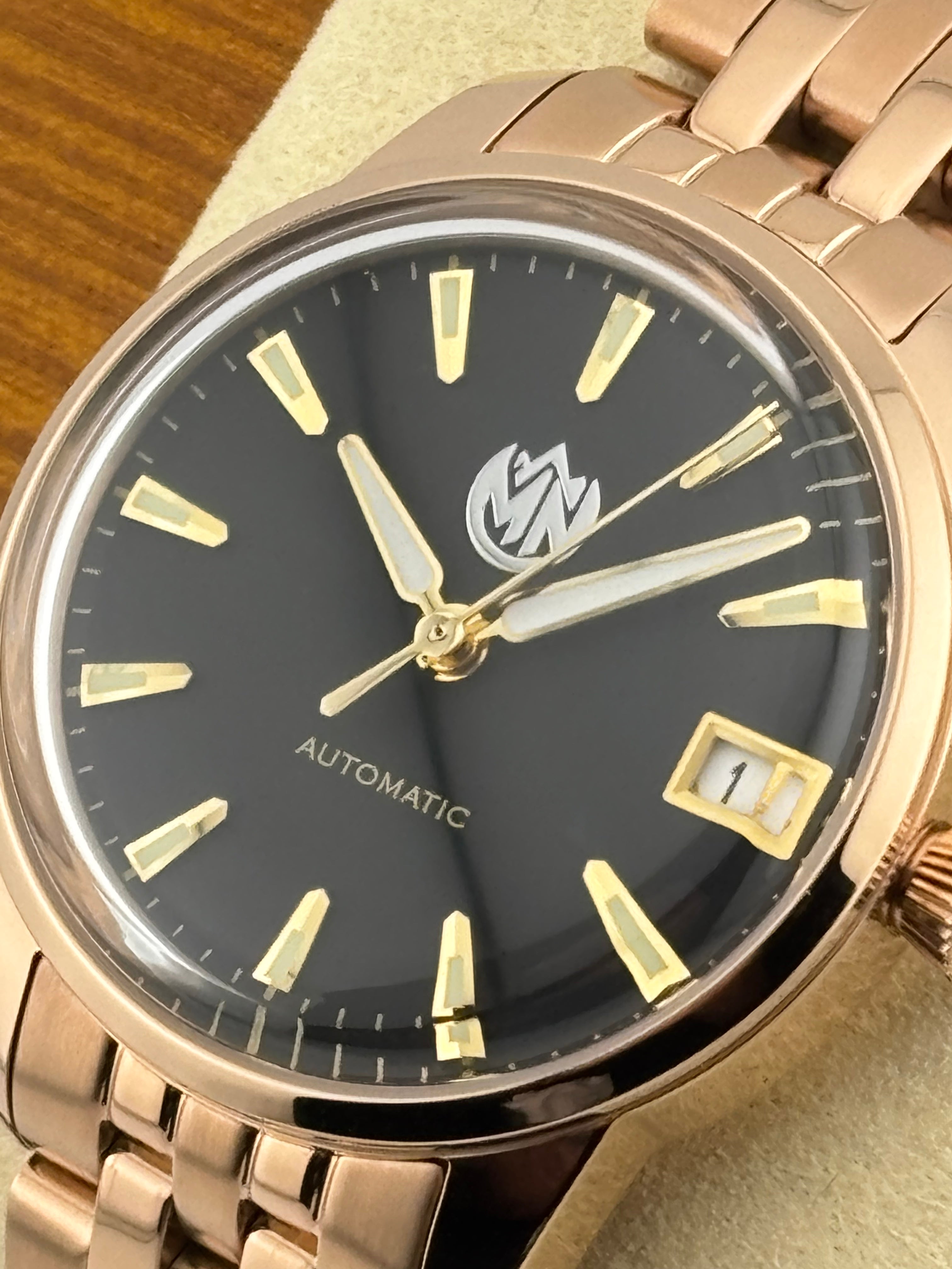 MN Watches luxury mechanical ladies watch with stainless steel rose gold case & bracelet