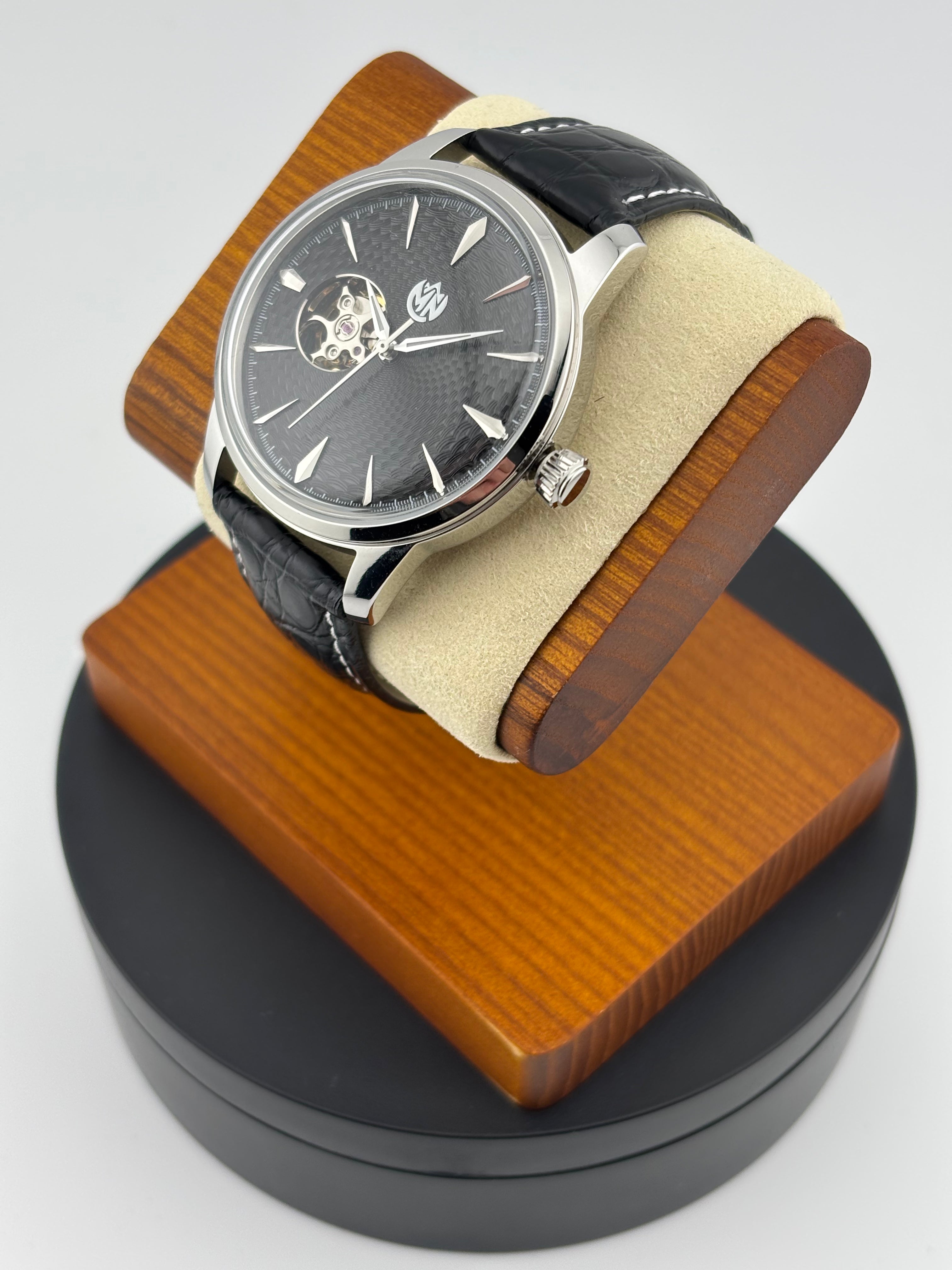 MN Watches luxury mechanical dress watch with exposed movement, guilloche dial, stainless steel case & premium leather strap