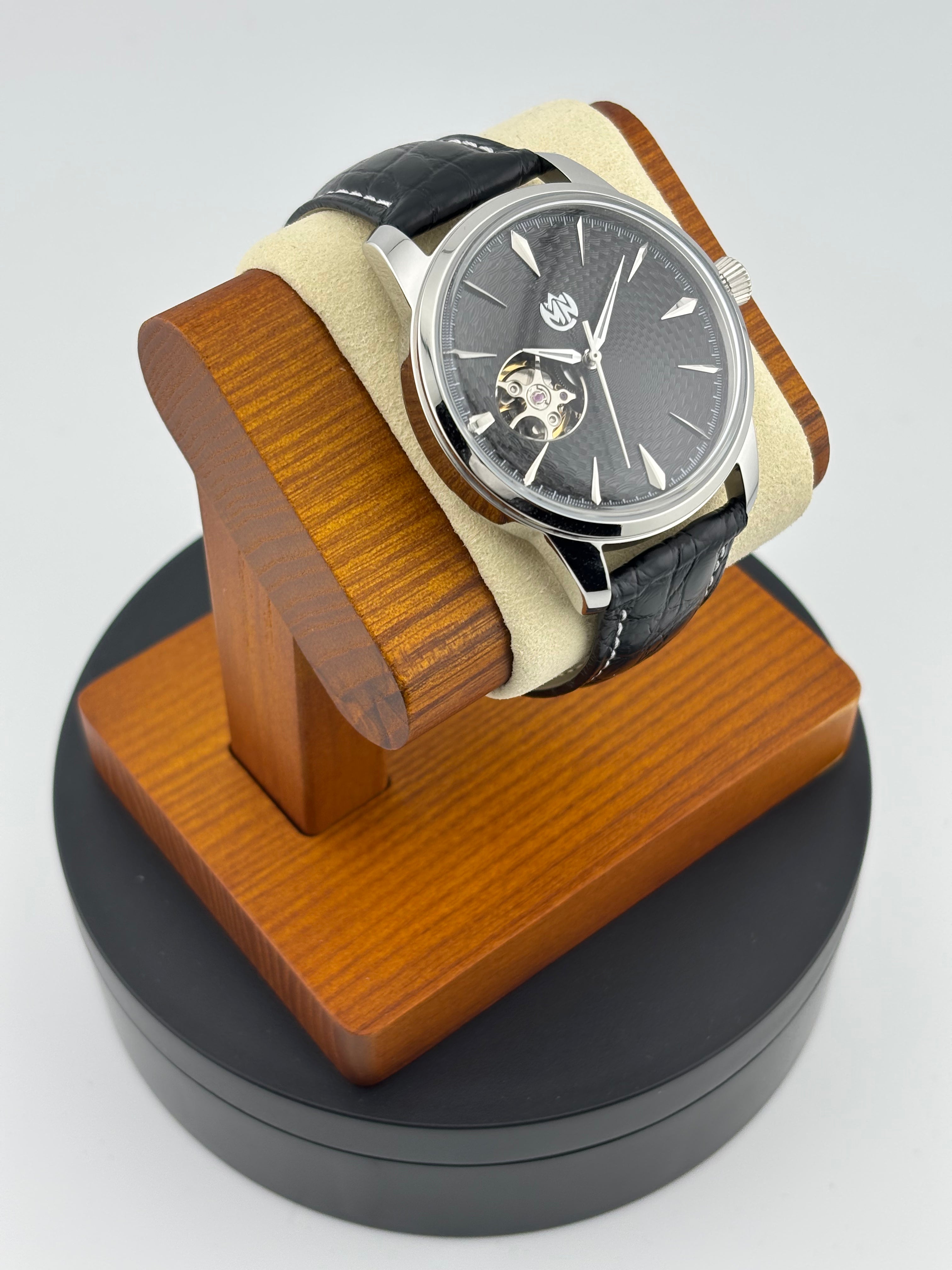 MN Watches luxury mechanical dress watch with exposed movement, guilloche dial, stainless steel case & premium leather strap