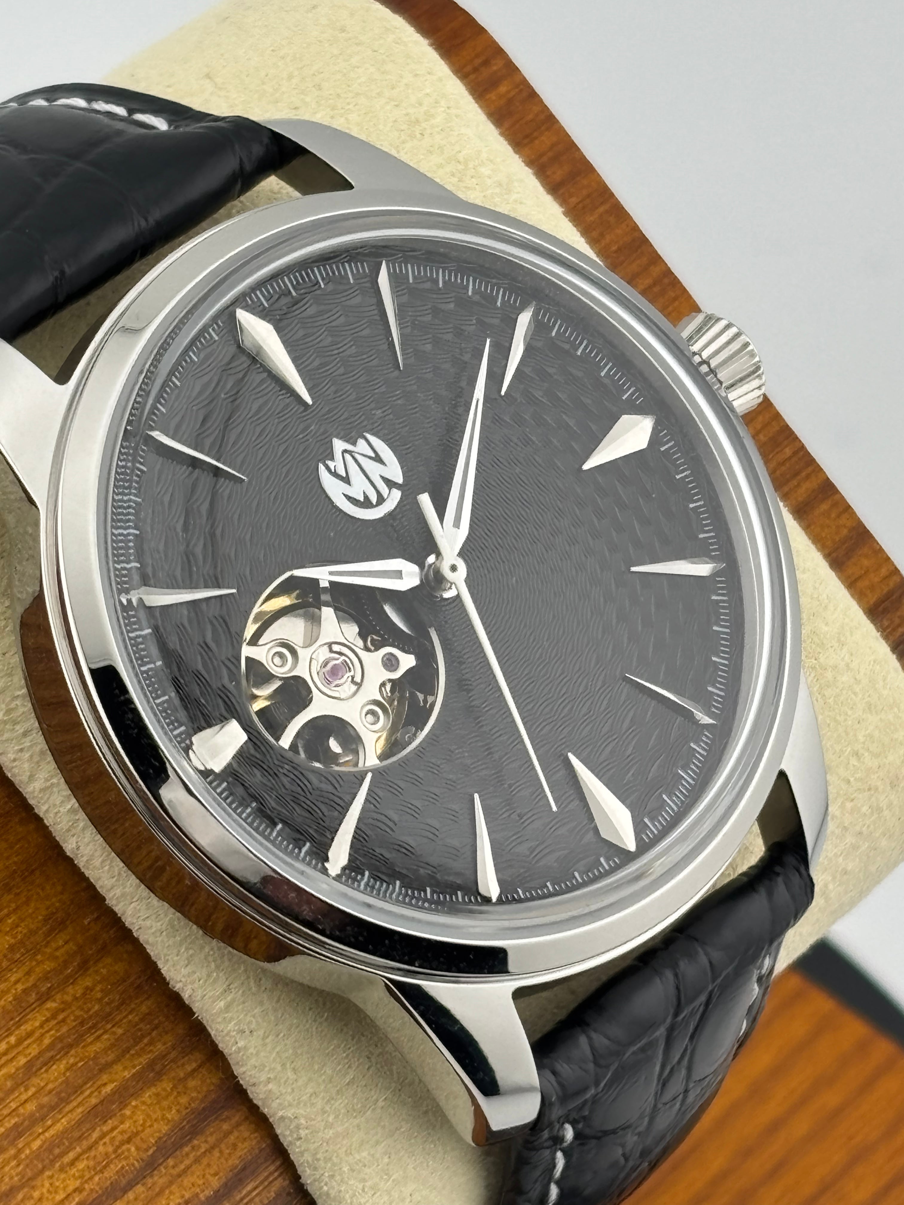 MN Watches luxury mechanical dress watch with exposed movement, guilloche dial, stainless steel case & premium leather strap