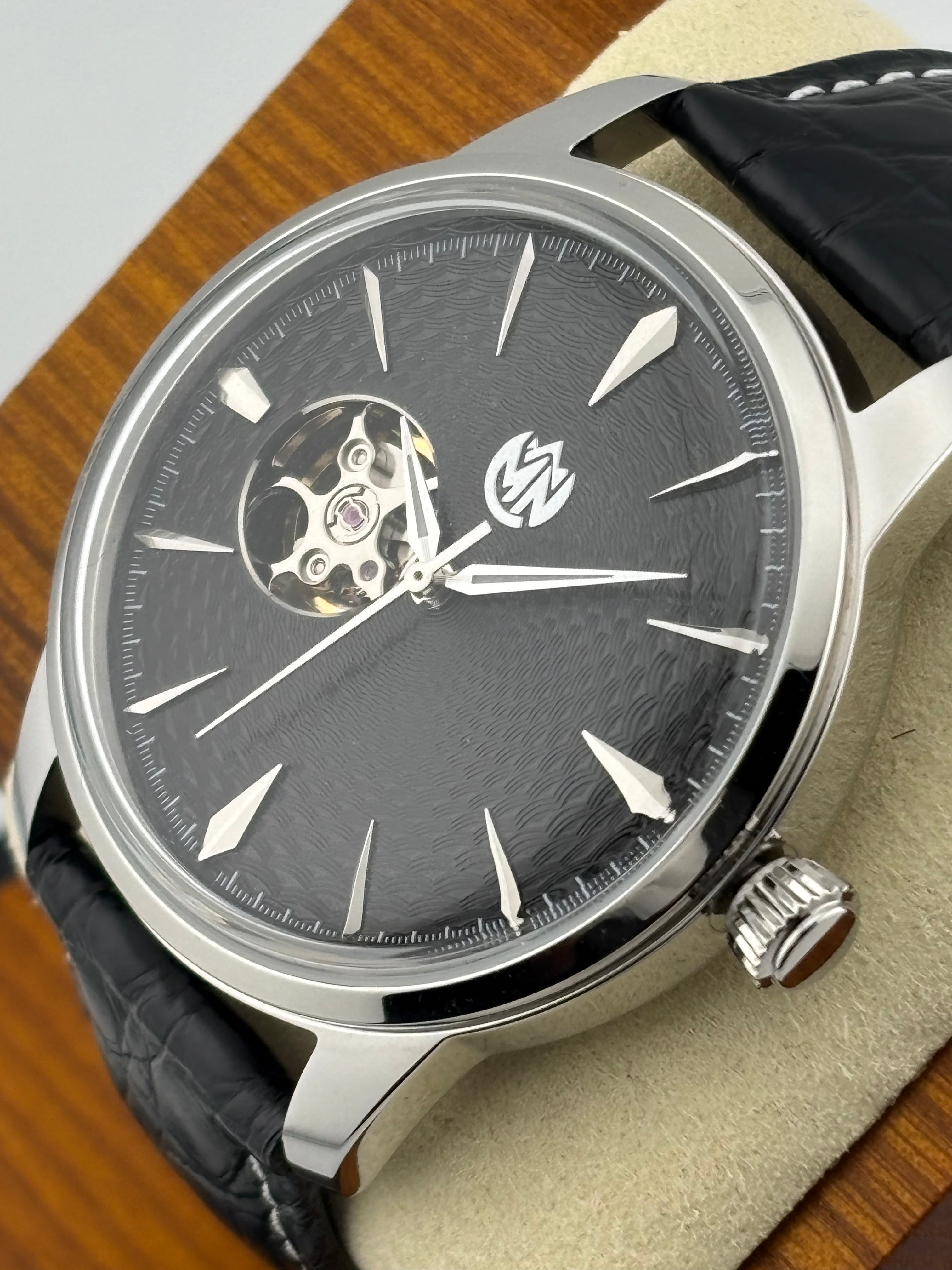 MN Watches luxury mechanical dress watch with exposed movement, guilloche dial, stainless steel case & premium leather strap