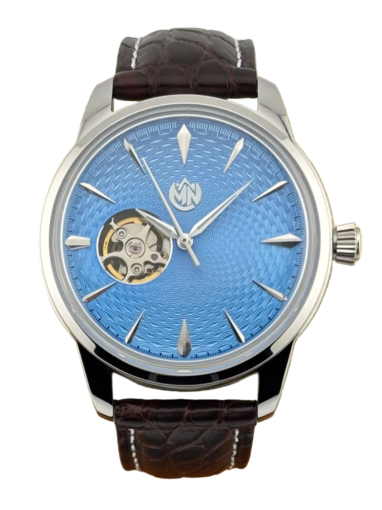 MN Watches luxury mechanical dress watch with exposed movement, guilloche dial, stainless steel case & premium leather strap