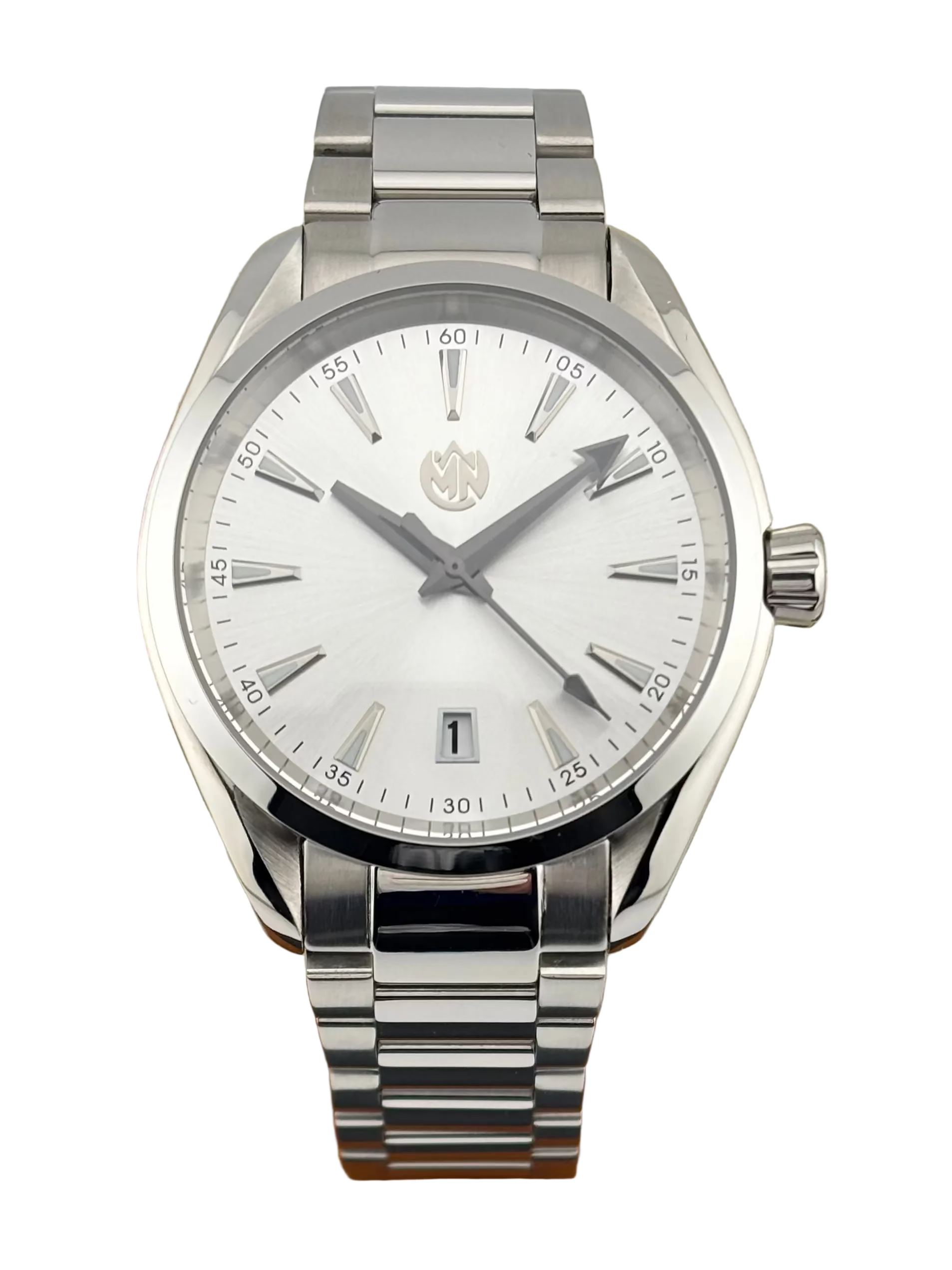 Mechanical sports watch with stainless steel case and bracelet, lumed hands and markers