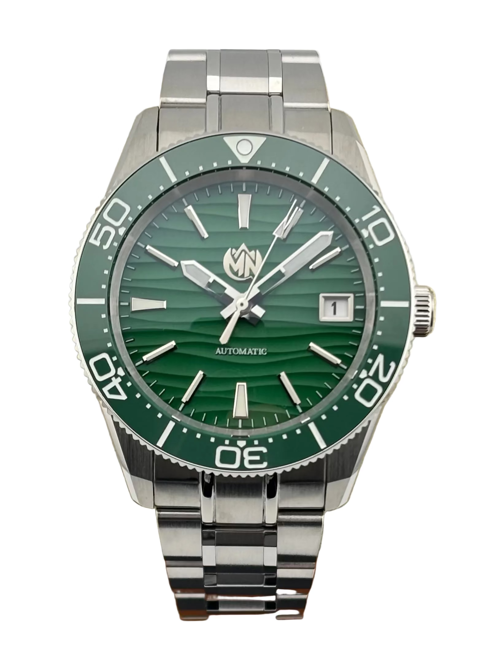 MN Watches All Green Dive Watch with stainless steel case and bracelet