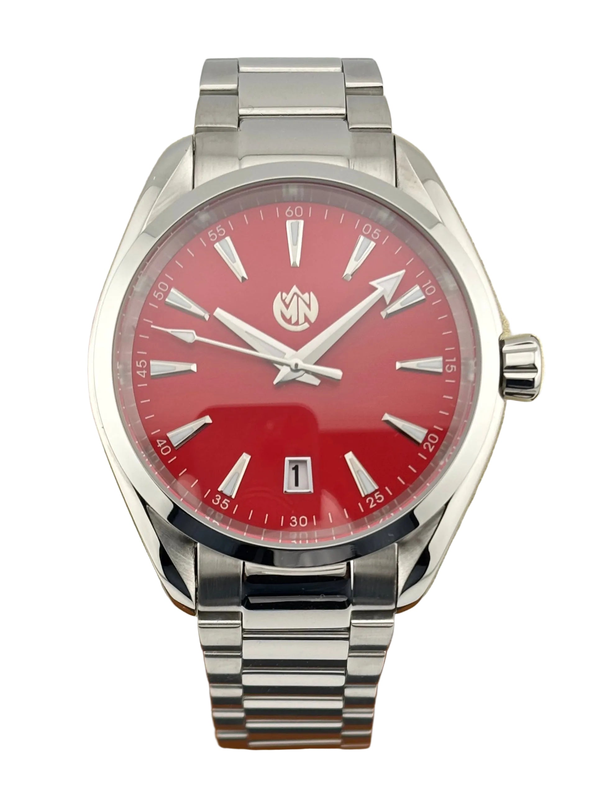 MN Watches mechanical wristwatch with sunburst red dial and stainless steel case and bracelet 