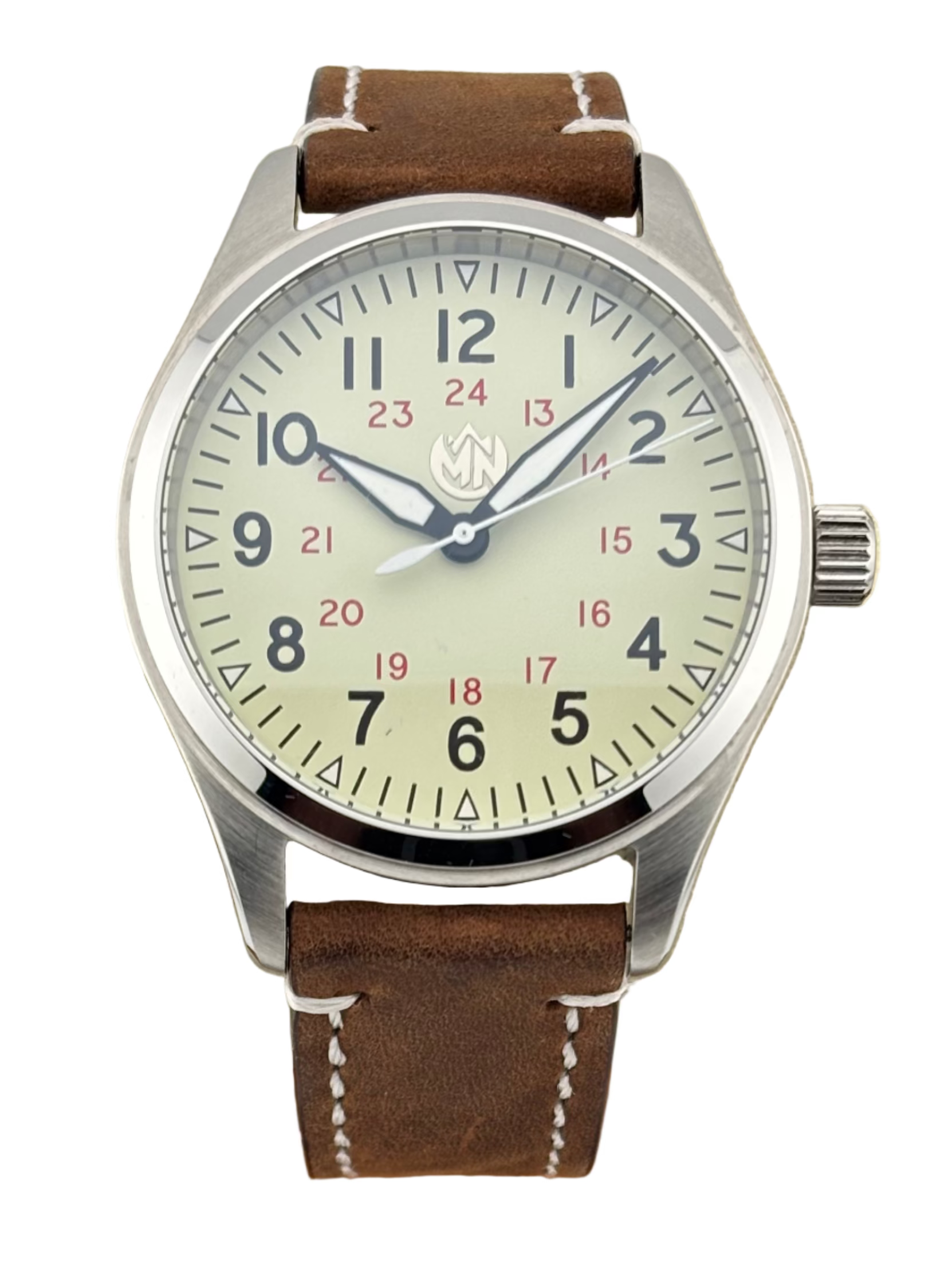 MN Watches luxury mechanical field watch with cream dial, stainless steel case & premium leather strap