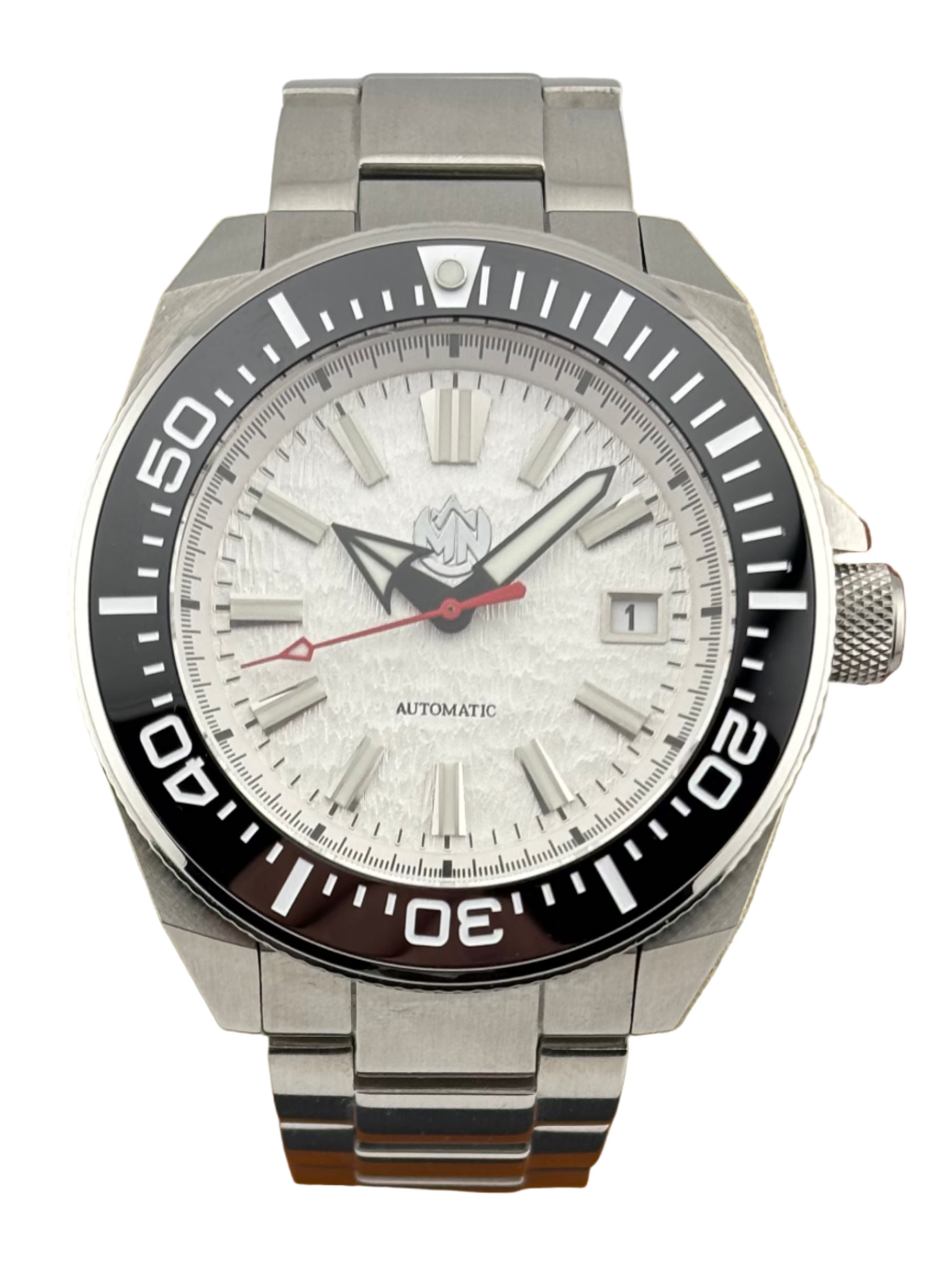 MN Watches luxury mechanical dive watch with ceramic bezel, textured dial, stainless steel case & bracelet