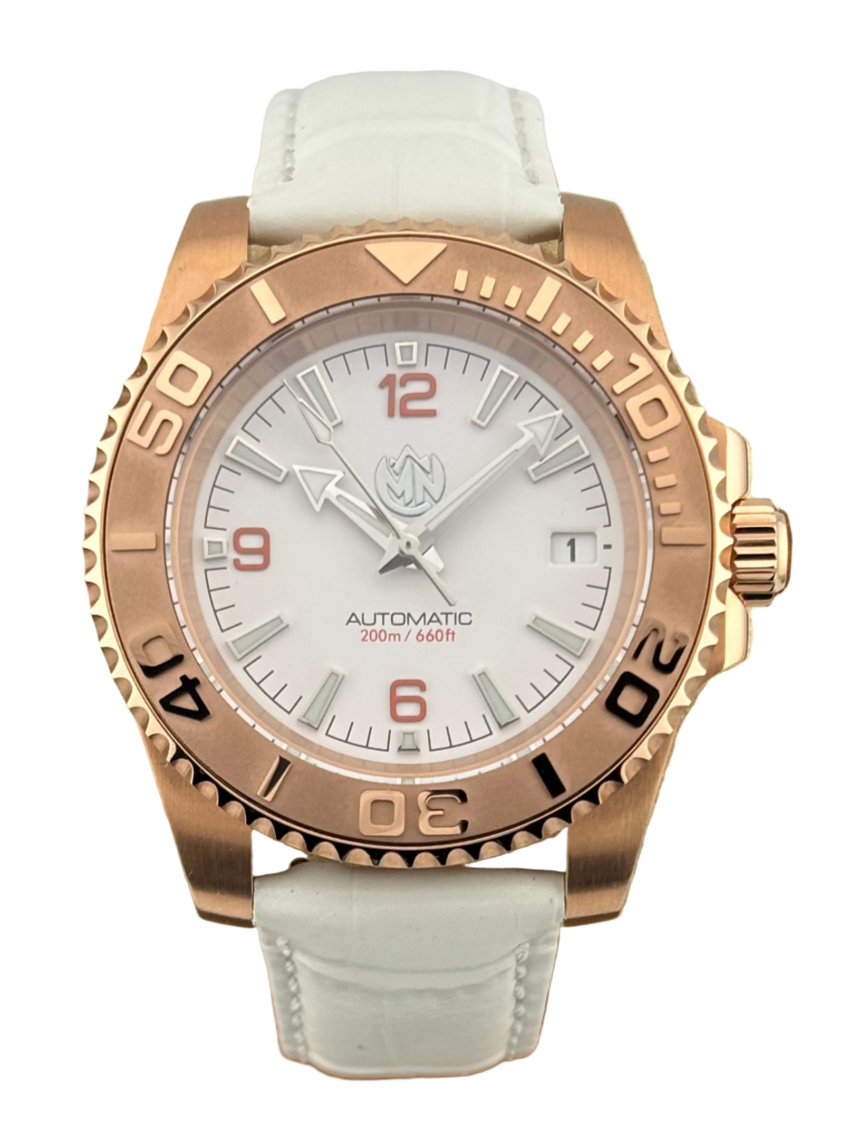 MN Watches luxury mechanical dive watch with stainless steel rose gold case & premium leather strap