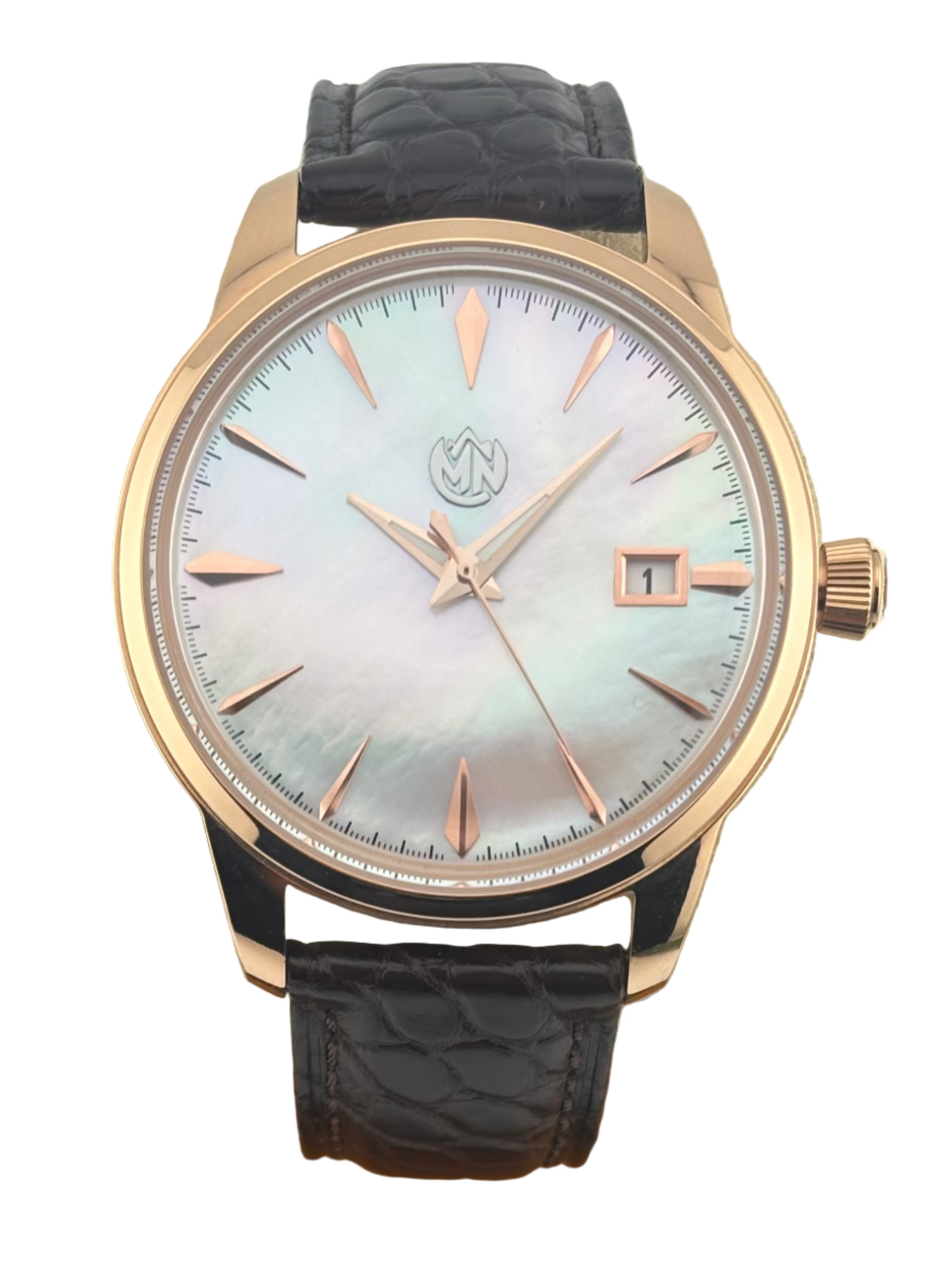 MN Watches luxury mechanical dress watch with mother of pearl dial, stainless steel rose gold case & premium leather strap