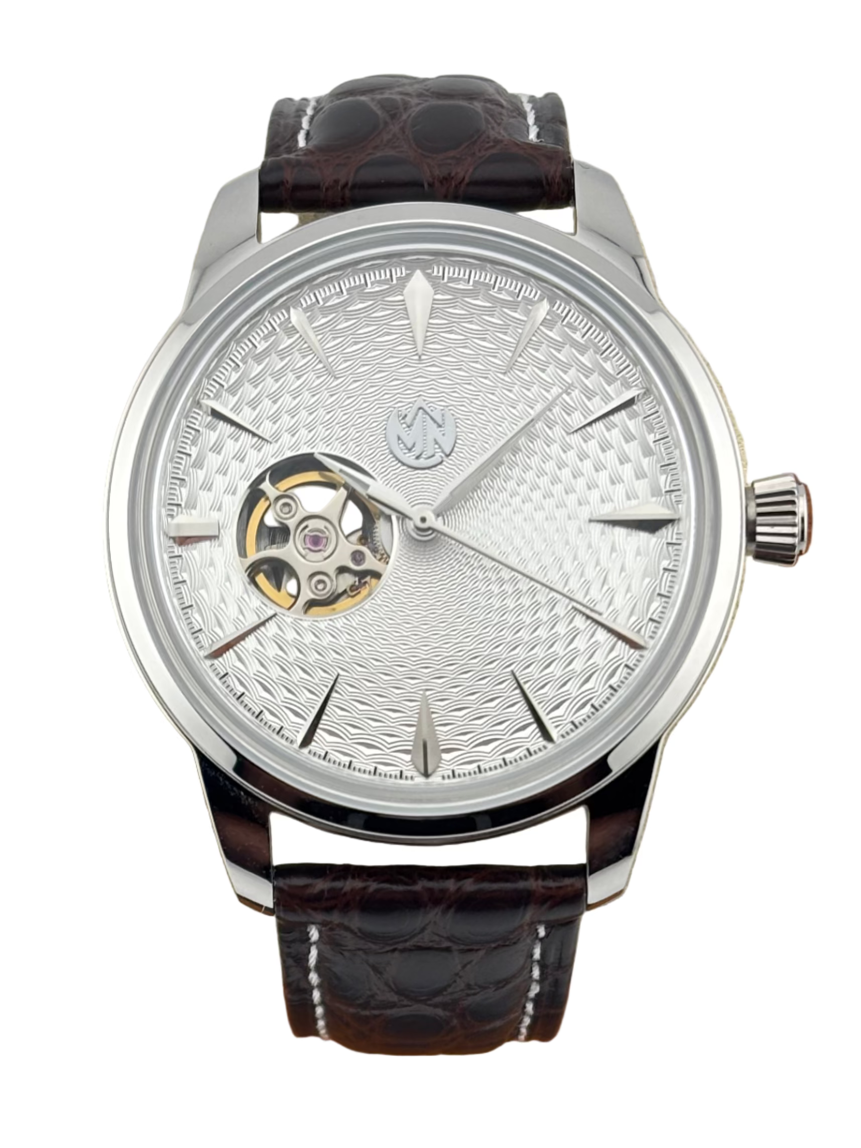 MN Watches luxury mechanical dress watch with exposed movement, guilloche dial, stainless steel case & premium leather strap