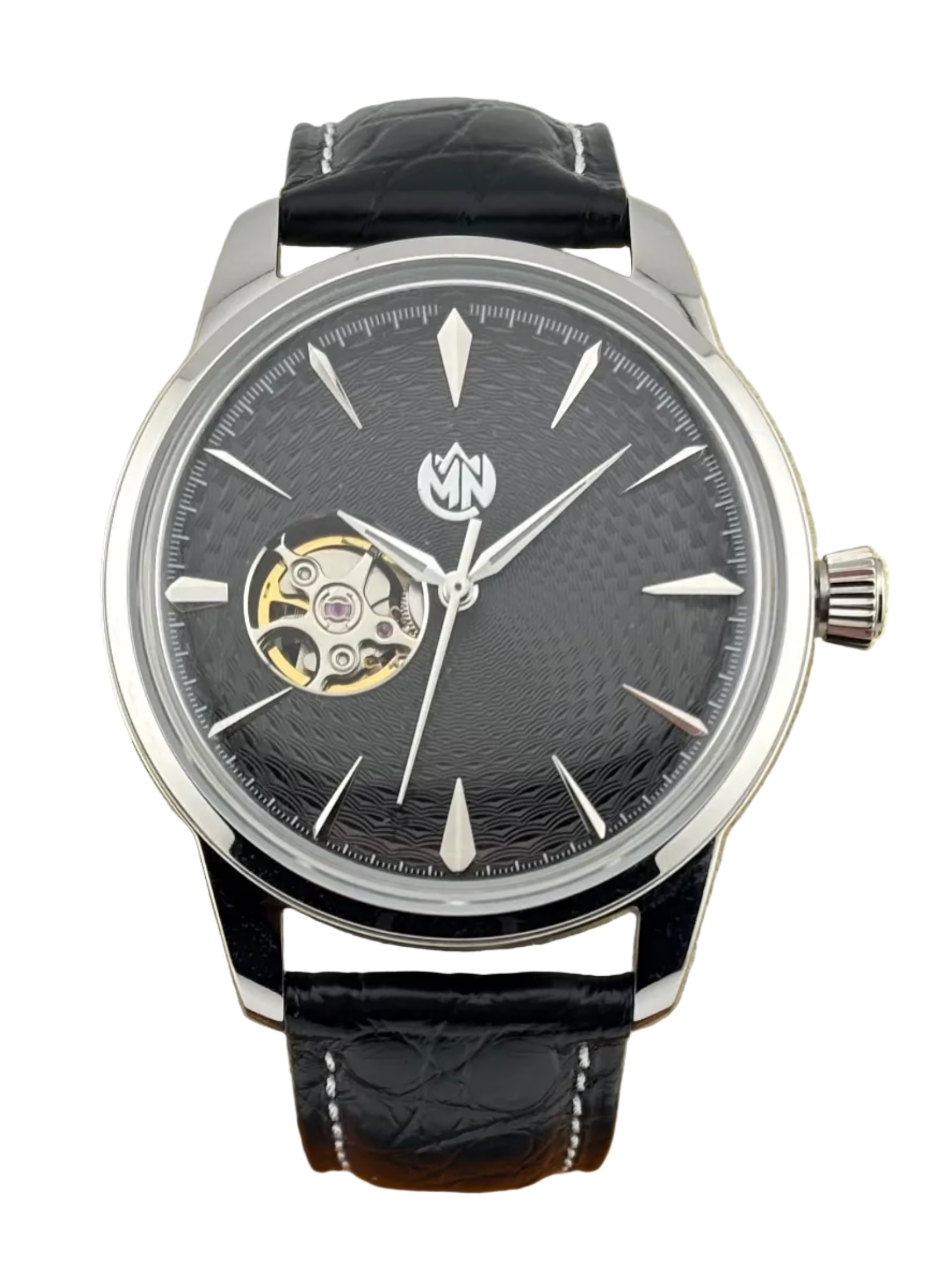 MN Watches luxury mechanical dress watch with exposed movement, guilloche dial, stainless steel case & premium leather strap