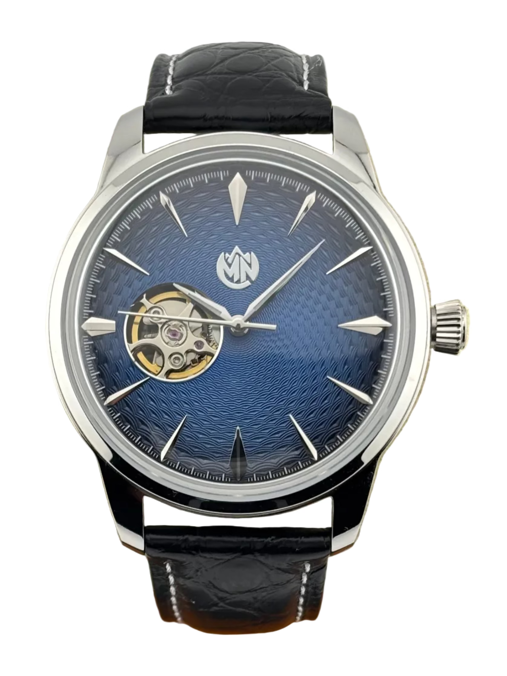 MN Watches luxury mechanical dress watch with exposed movement, guilloche dial, stainless steel case & premium leather strap