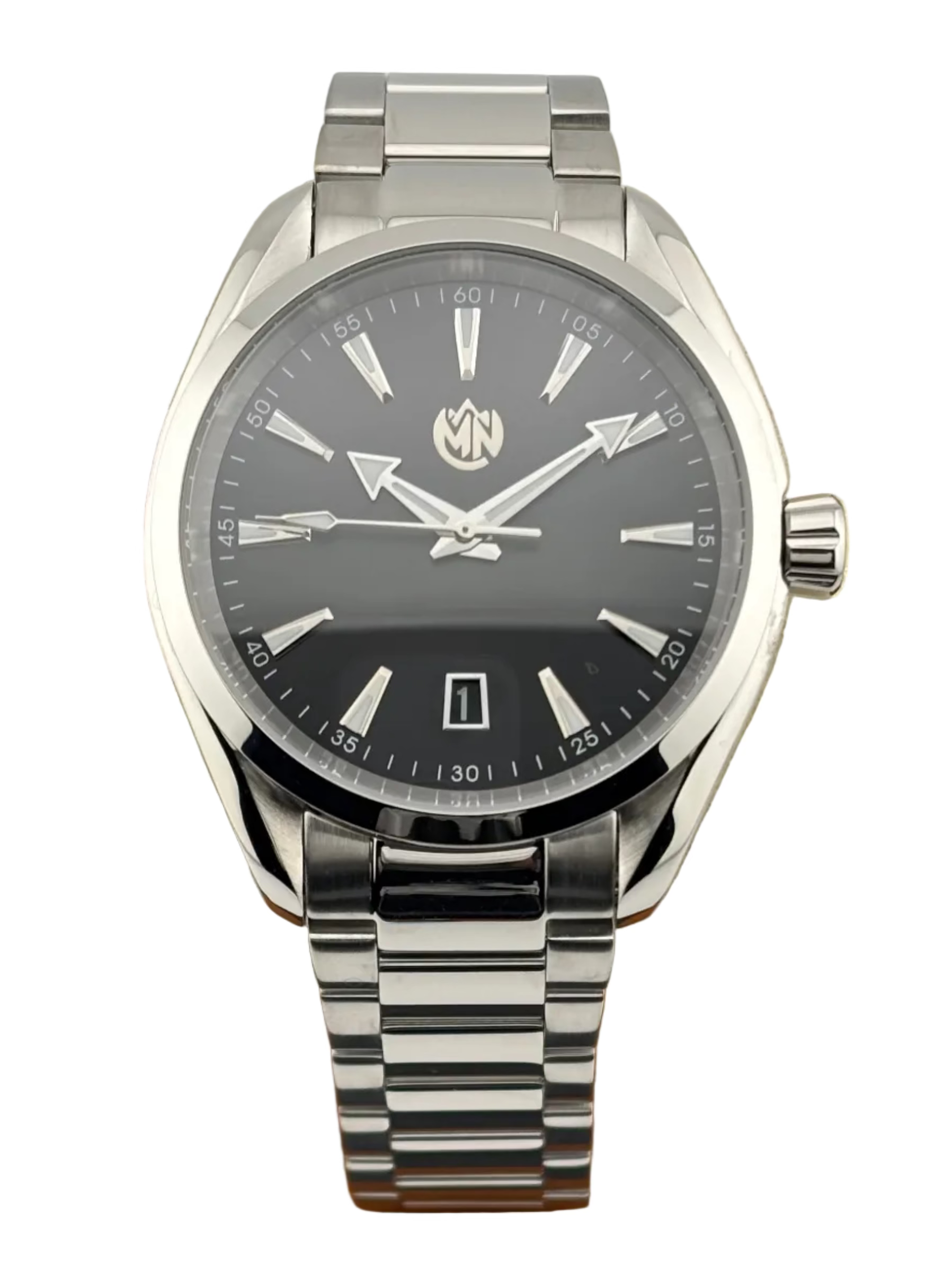 MN Watches luxury mechanical wristwatch with black dial and stainless steel case & bracelet