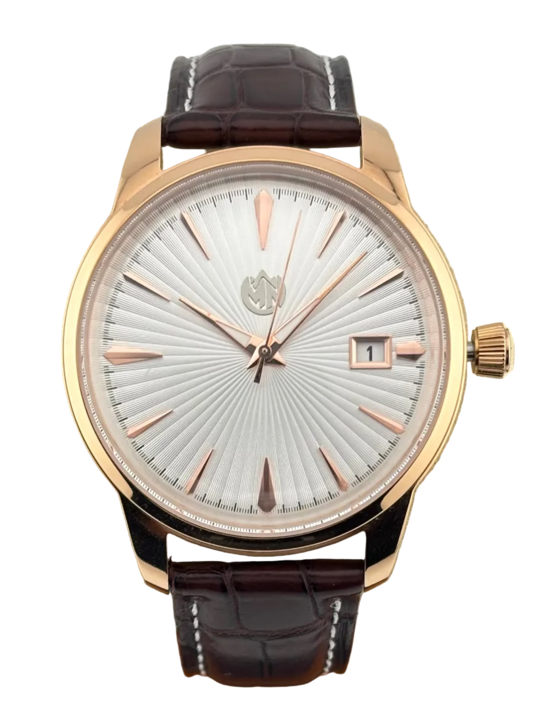 MN Watches luxury dress watch with radial dial, stainless steel rose gold case & premium leather strap