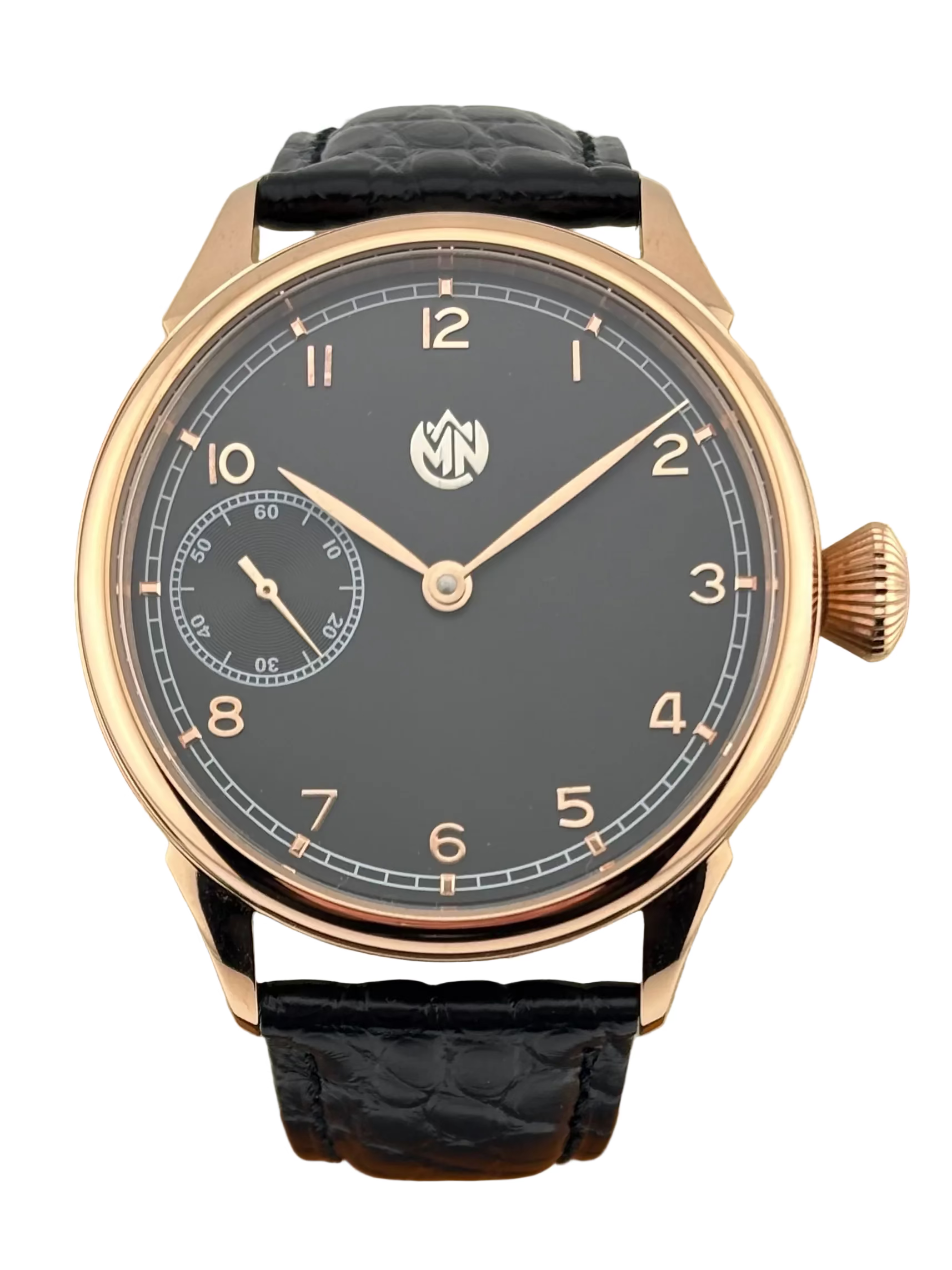 MN Watches luxury mechanical wristwatch with rose gold case and premium leather strap