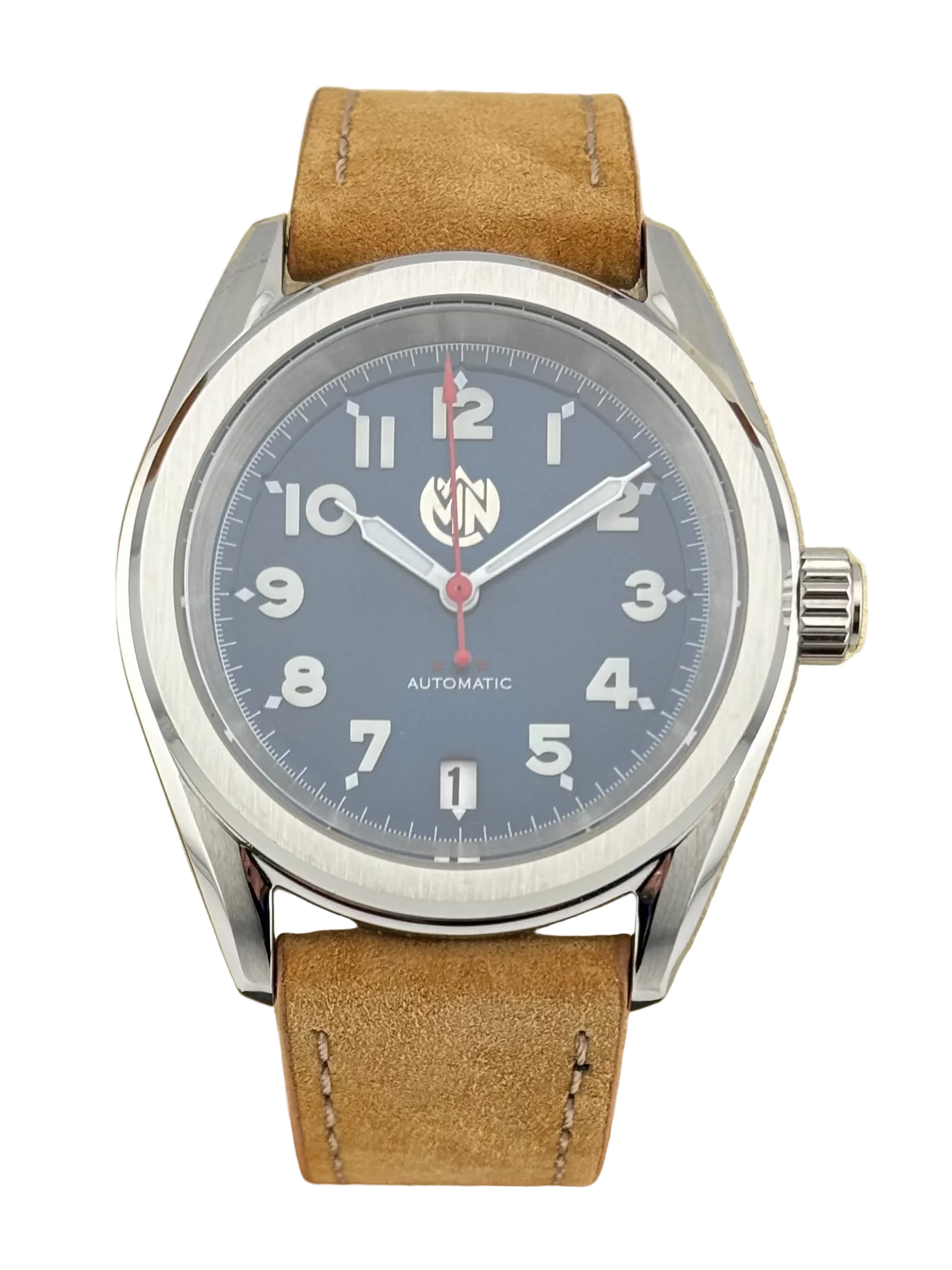 MN Watches mechanical field watch with sunburst blue dial and luxury suede leather strap