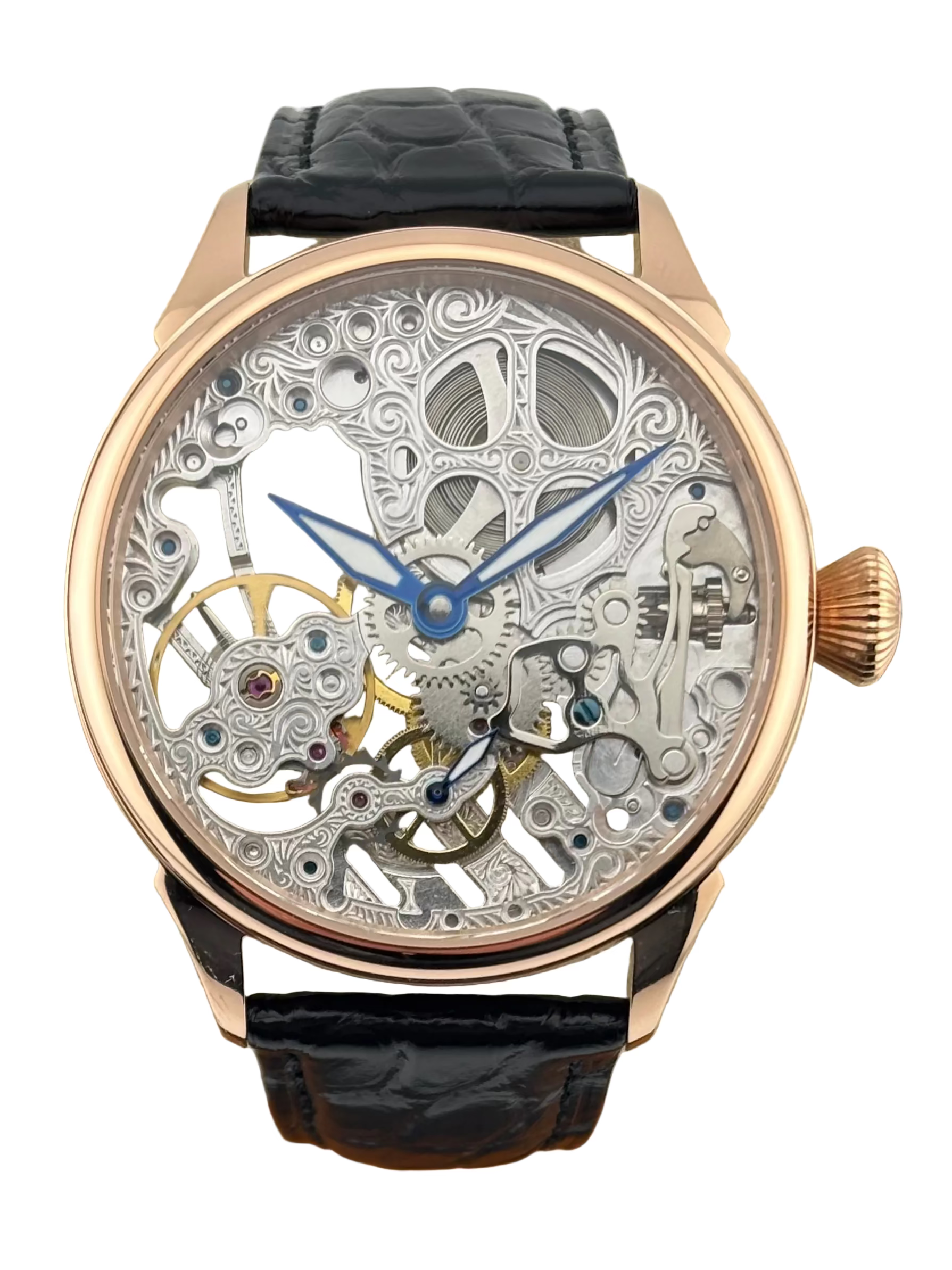 MN Watches luxury skeleton wristwatch with black leather strap and rose gold case 