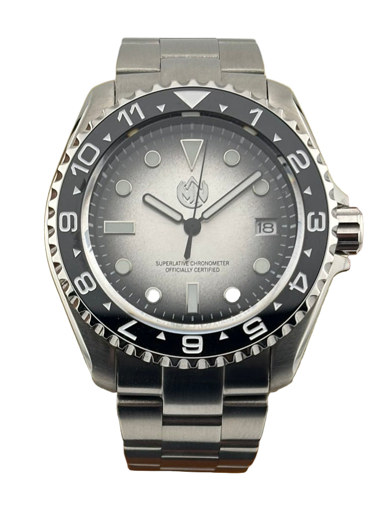 MN Watches luxury mechanical dive watch with ceramic bezel, sunburst dial, stainless steel case & bracelet