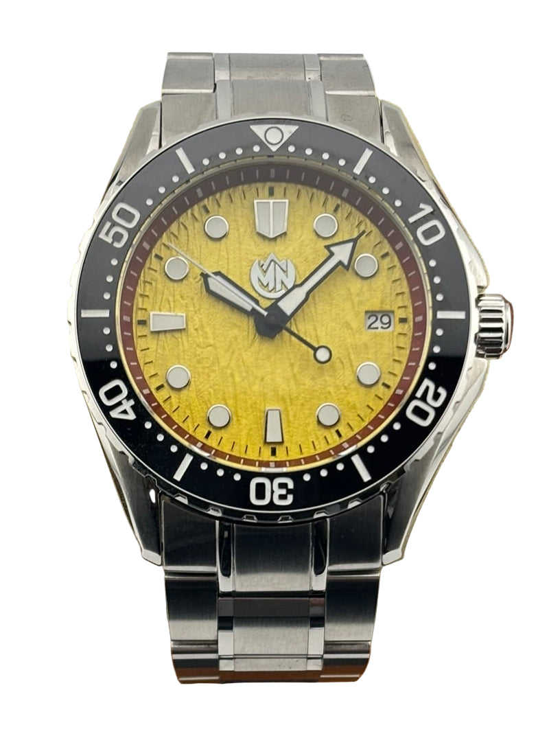 MN Watches luxury mechanical dive watch with ceramic bezel, textured dial, stainless steel case & bracelet