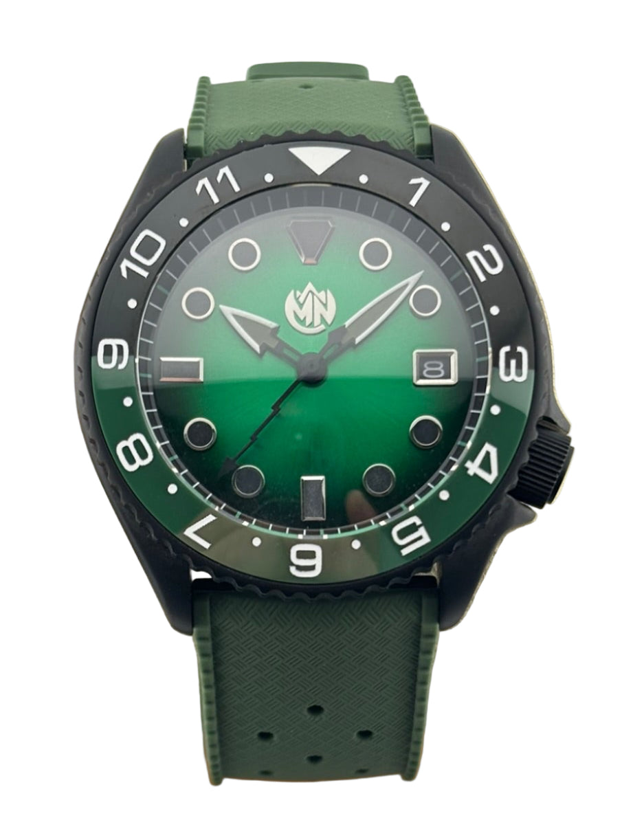 MN Watches luxury mechanical dive watch with ceramic bezel, sunburst dial, stainless steel case & silicone strap