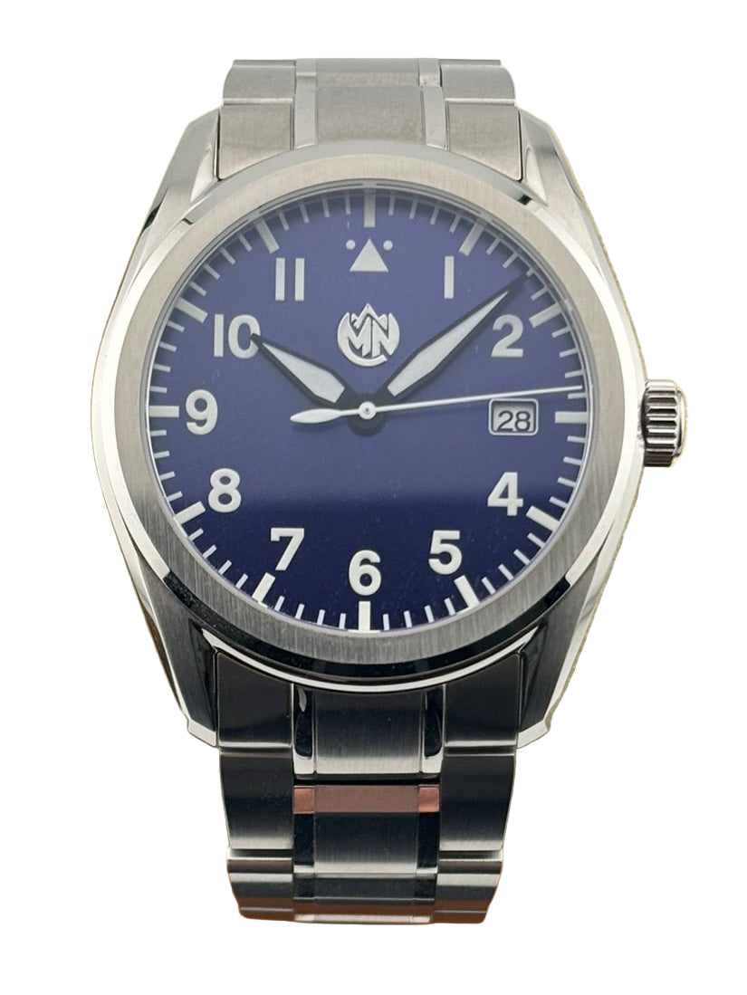 MN Watches luxury mechanical sports watch with sunburst dial, stainless steel case & bracelet