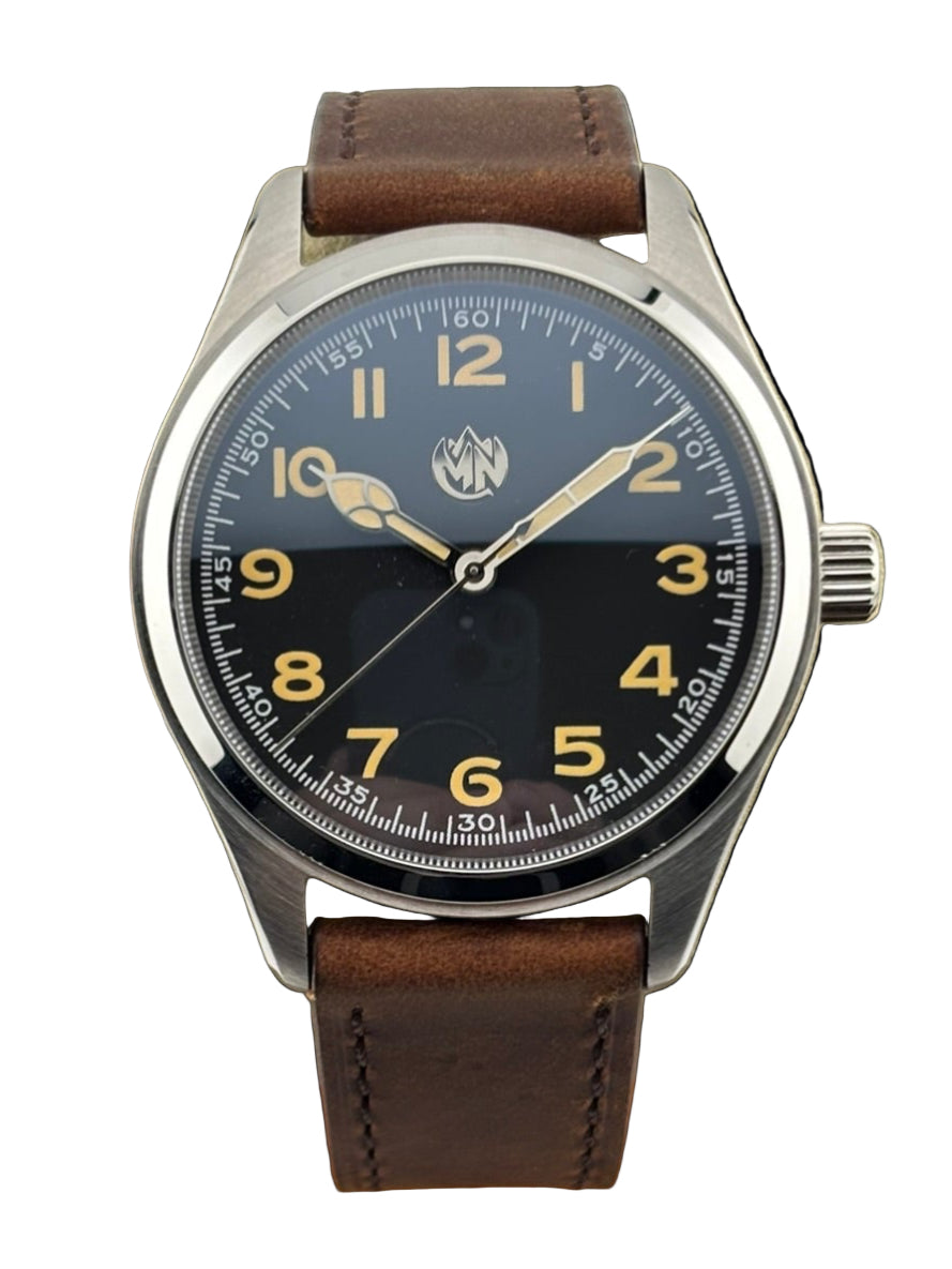 MN Watches luxury mechanical field watch with stainless steel case & premium leather strap