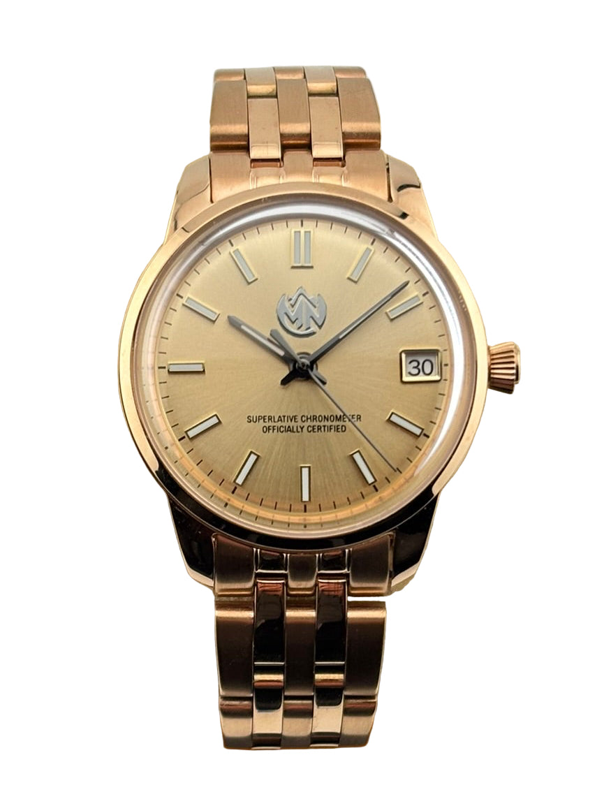 MN Watches luxury mechanical ladies watch with stainless steel rose gold case & bracelet